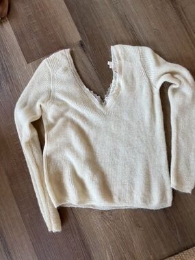 Sezane Cream V-Neck Lace Trim Women's Sweater - Small